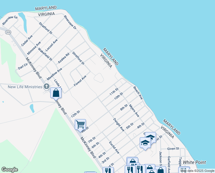 map of restaurants, bars, coffee shops, grocery stores, and more near 131 12th Street in Colonial Beach
