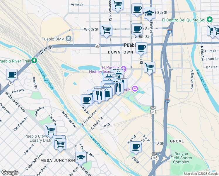 map of restaurants, bars, coffee shops, grocery stores, and more near 111 South Union Avenue in Pueblo
