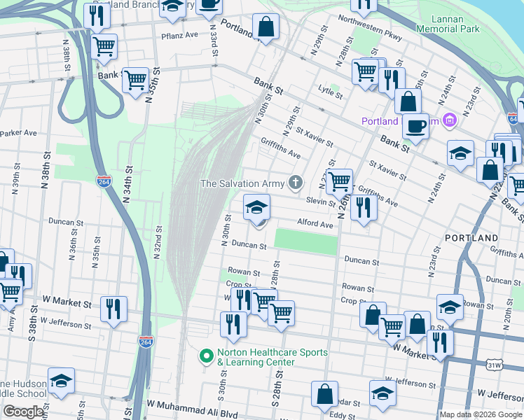 map of restaurants, bars, coffee shops, grocery stores, and more near 10 North 29th Street in Louisville