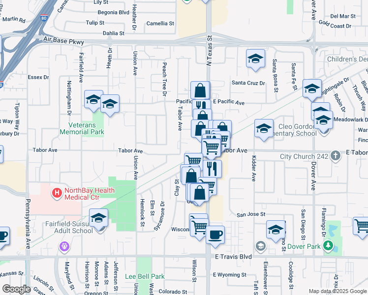 map of restaurants, bars, coffee shops, grocery stores, and more near 455 Tabor Avenue in Fairfield