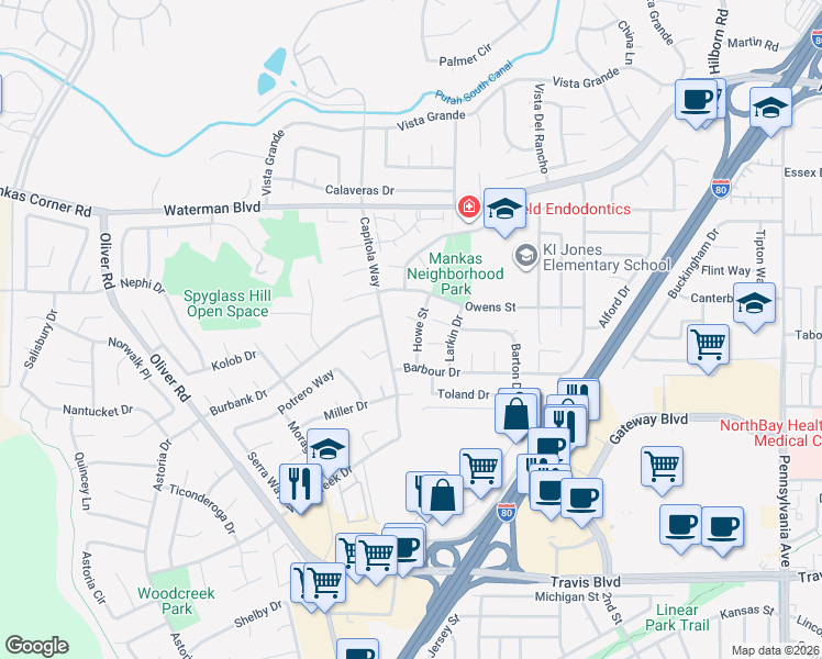 map of restaurants, bars, coffee shops, grocery stores, and more near 2831 Perry Court in Fairfield