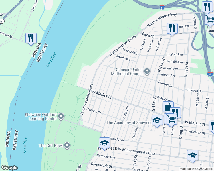 map of restaurants, bars, coffee shops, grocery stores, and more near 128 South Shawnee Terrace in Louisville