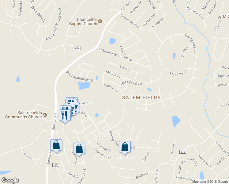 map of restaurants, bars, coffee shops, grocery stores, and more near 7014 Radford Drive in Fredericksburg