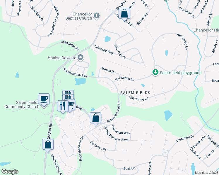 map of restaurants, bars, coffee shops, grocery stores, and more near 7014 Radford Drive in Fredericksburg