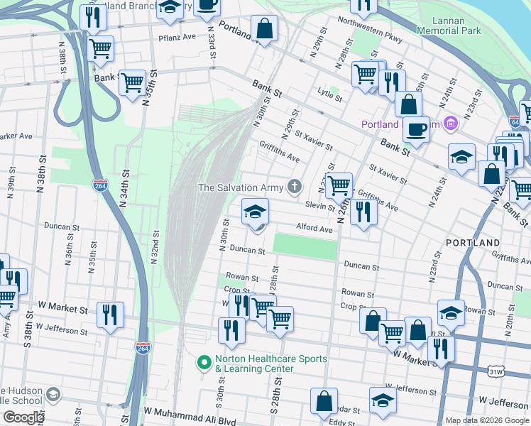 map of restaurants, bars, coffee shops, grocery stores, and more near 2827 Slevin Street in Louisville