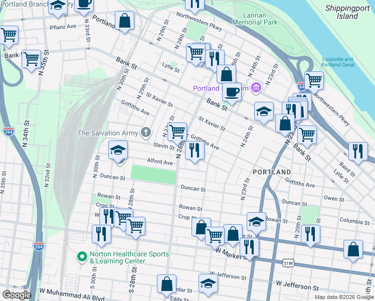 map of restaurants, bars, coffee shops, grocery stores, and more near 377 North 26th Street in Louisville