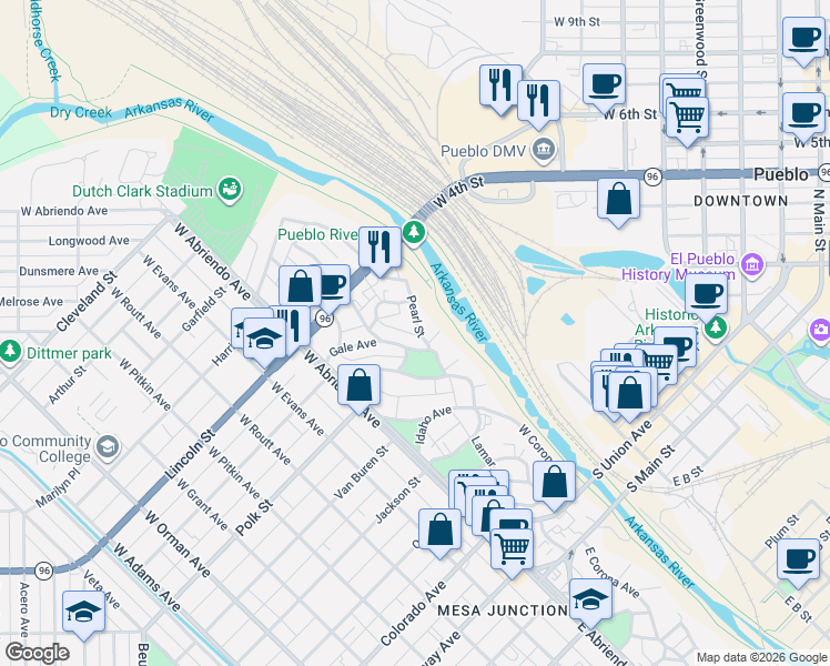 map of restaurants, bars, coffee shops, grocery stores, and more near 553 Pearl Street in Pueblo