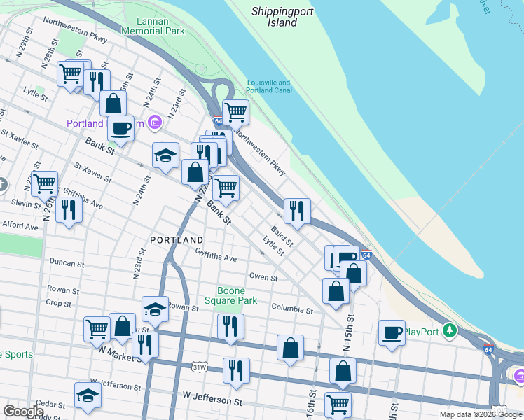 map of restaurants, bars, coffee shops, grocery stores, and more near 1938 Portland Avenue in Louisville
