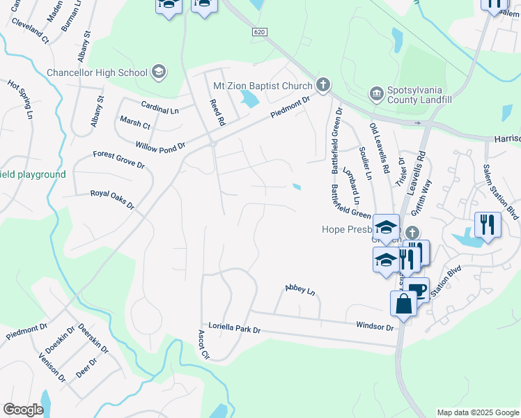 map of restaurants, bars, coffee shops, grocery stores, and more near 6100 Sunny Meadows Drive in Fredericksburg