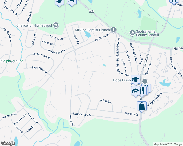 map of restaurants, bars, coffee shops, grocery stores, and more near 6100 Sunny Meadows Drive in Fredericksburg