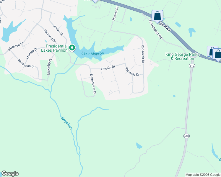 map of restaurants, bars, coffee shops, grocery stores, and more near 10437 Blair House Circle in King George