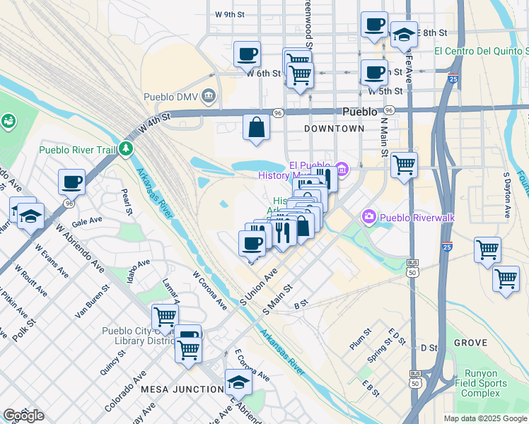 map of restaurants, bars, coffee shops, grocery stores, and more near 301 West D Street in Pueblo