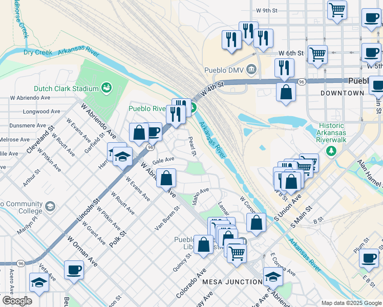map of restaurants, bars, coffee shops, grocery stores, and more near 233 Nelson Avenue in Pueblo