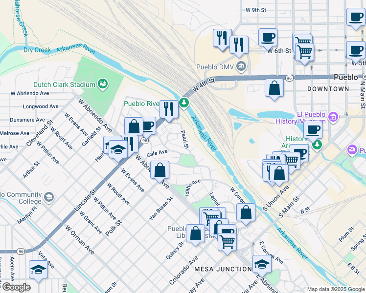 map of restaurants, bars, coffee shops, grocery stores, and more near 233 Nelson Avenue in Pueblo