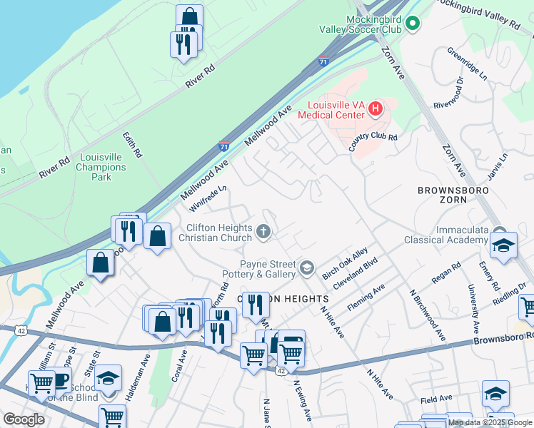map of restaurants, bars, coffee shops, grocery stores, and more near 38 Warren Road in Louisville