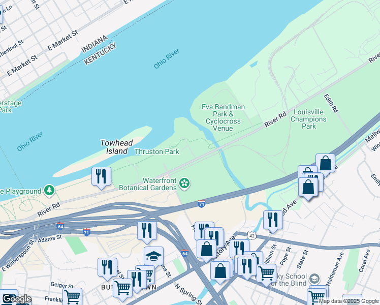 map of restaurants, bars, coffee shops, grocery stores, and more near 1700 Marinas Edge Way in Louisville