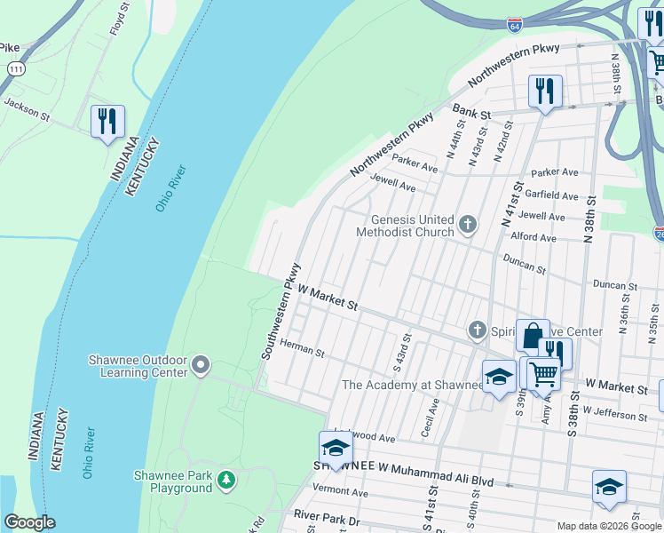 map of restaurants, bars, coffee shops, grocery stores, and more near 100 South Longworth Avenue in Louisville