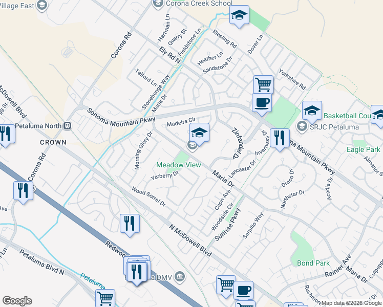 map of restaurants, bars, coffee shops, grocery stores, and more near 880 Maria Drive in Petaluma