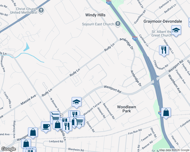 map of restaurants, bars, coffee shops, grocery stores, and more near 4328 Foeburn Lane in Louisville
