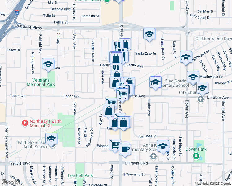map of restaurants, bars, coffee shops, grocery stores, and more near 2021 North Texas Street in Fairfield