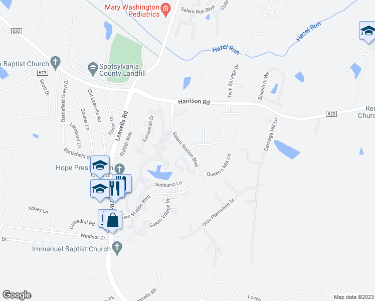 map of restaurants, bars, coffee shops, grocery stores, and more near 22405 Kings Crest Court in Fredericksburg