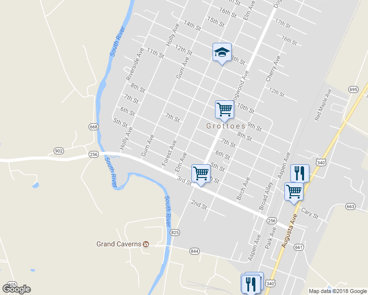 map of restaurants, bars, coffee shops, grocery stores, and more near 500 5th Street in Grottoes