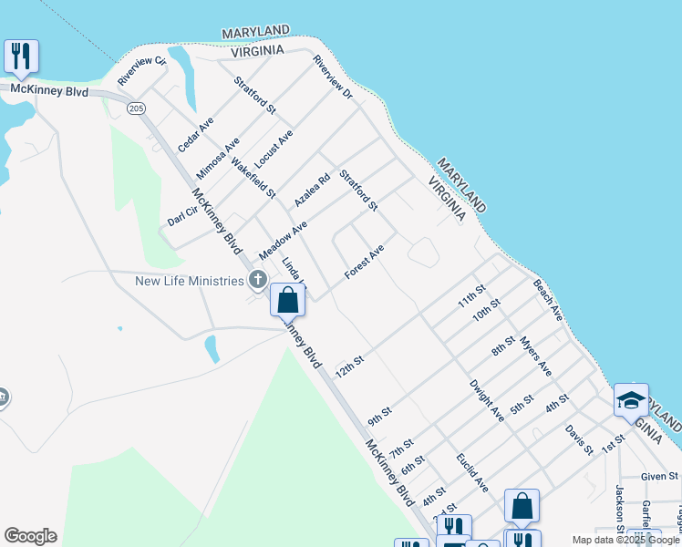 map of restaurants, bars, coffee shops, grocery stores, and more near 235 Dogwood Avenue in Colonial Beach