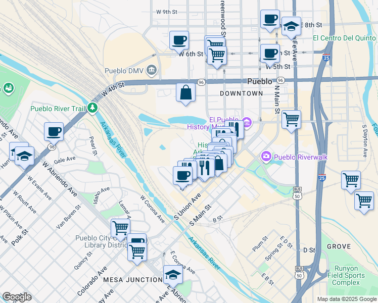map of restaurants, bars, coffee shops, grocery stores, and more near 301 West D Street in Pueblo