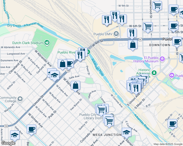 map of restaurants, bars, coffee shops, grocery stores, and more near 221 Howard Ave in Pueblo