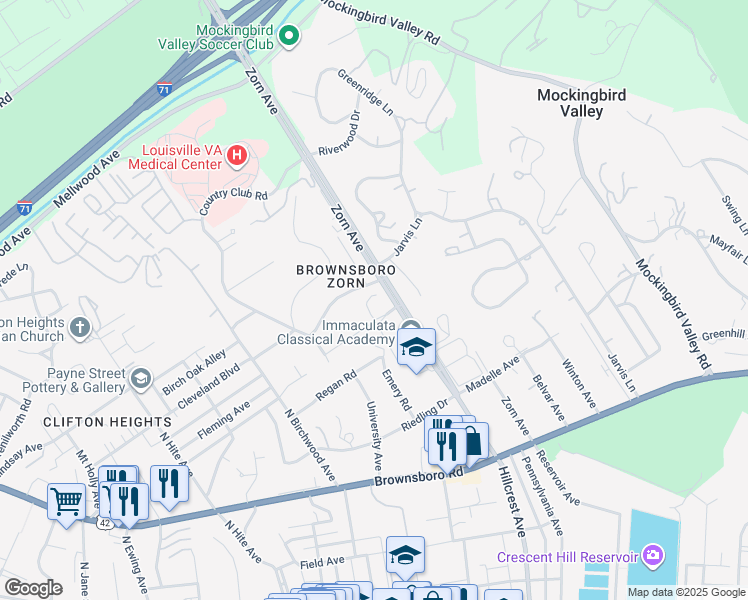 map of restaurants, bars, coffee shops, grocery stores, and more near 606 Glen Court in Louisville