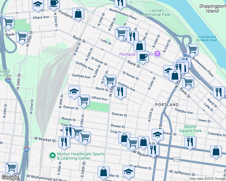 map of restaurants, bars, coffee shops, grocery stores, and more near 377 North 26th Street in Louisville