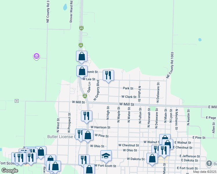 map of restaurants, bars, coffee shops, grocery stores, and more near 507 West Lee Street in Butler