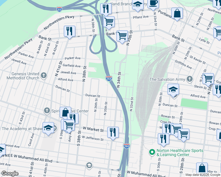 map of restaurants, bars, coffee shops, grocery stores, and more near 321 North 35th Street in Louisville