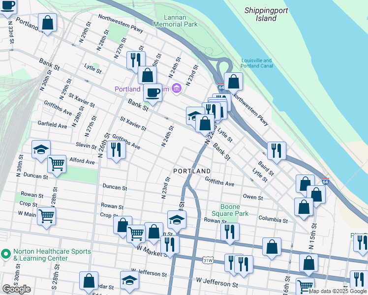 map of restaurants, bars, coffee shops, grocery stores, and more near 2298 Saint Xavier Street in Louisville