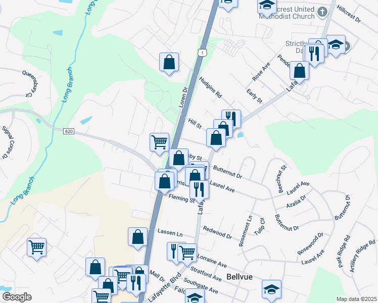 map of restaurants, bars, coffee shops, grocery stores, and more near 120 Mosby Street in Fredericksburg