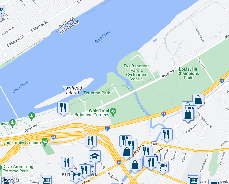 map of restaurants, bars, coffee shops, grocery stores, and more near 1700 Marinas Edge Way in Louisville