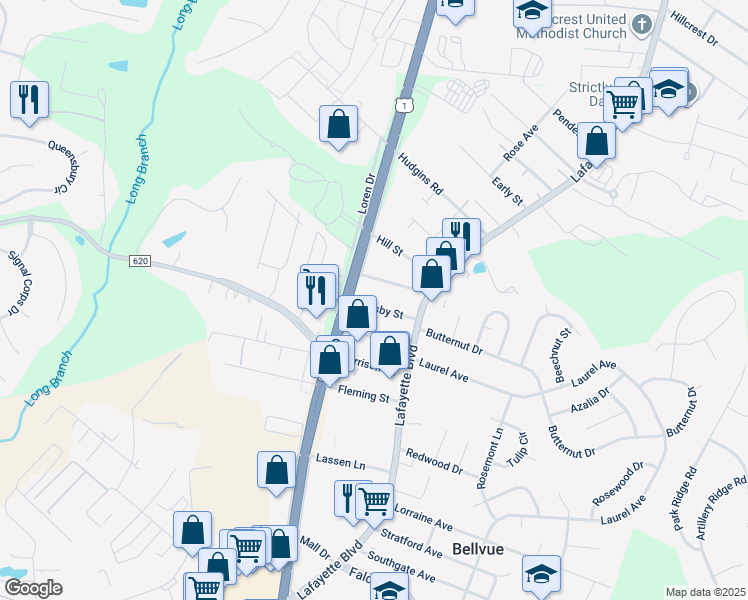 map of restaurants, bars, coffee shops, grocery stores, and more near 120 Mosby Street in Fredericksburg