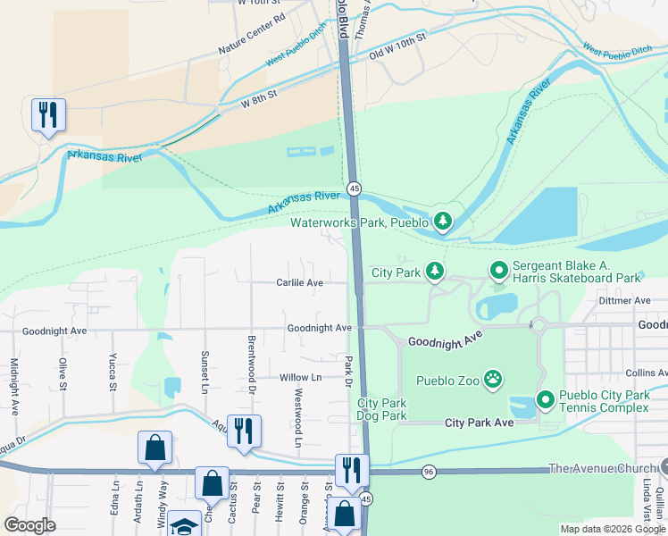 map of restaurants, bars, coffee shops, grocery stores, and more near 107 Park Drive in Pueblo