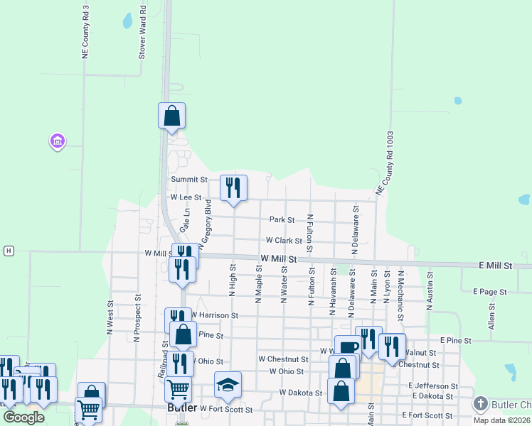 map of restaurants, bars, coffee shops, grocery stores, and more near 407 West Lee Street in Butler