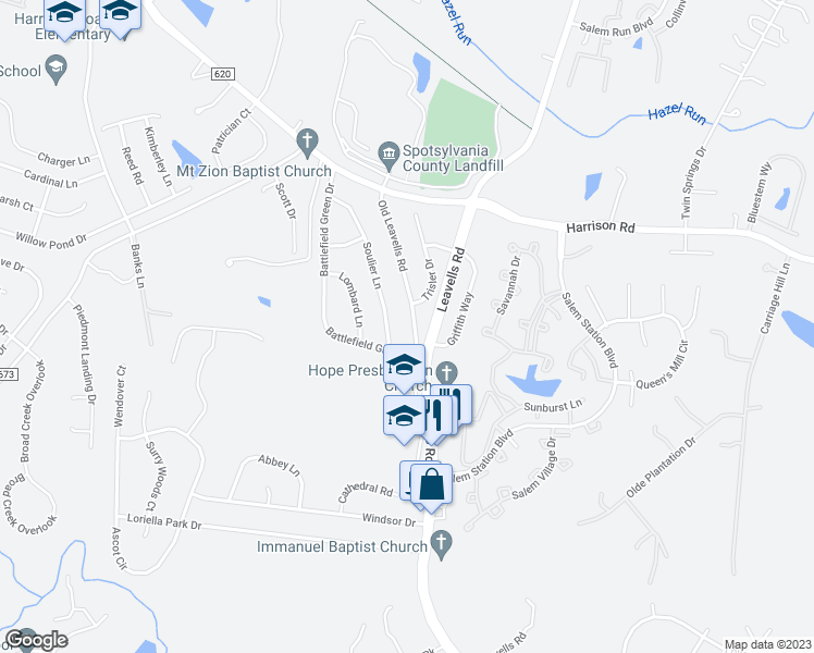 map of restaurants, bars, coffee shops, grocery stores, and more near 11206 Old Leavells Road in Fredericksburg