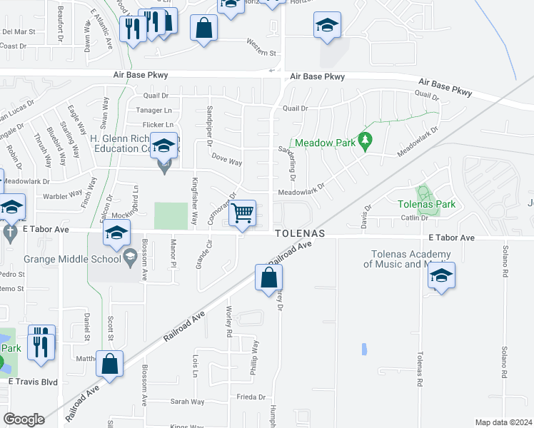 map of restaurants, bars, coffee shops, grocery stores, and more near 23 Villa Court in Fairfield