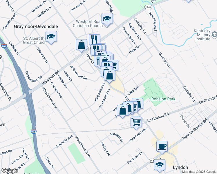 map of restaurants, bars, coffee shops, grocery stores, and more near 1120 Herr Lane in Louisville