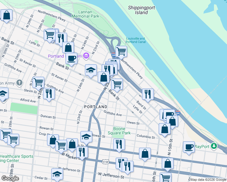 map of restaurants, bars, coffee shops, grocery stores, and more near 2022 Lytle Street in Louisville