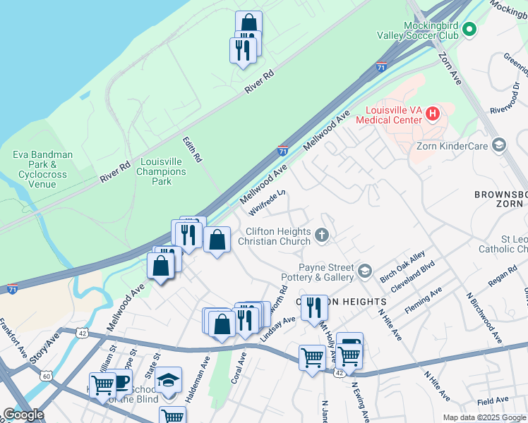 map of restaurants, bars, coffee shops, grocery stores, and more near 44 Winifrede Lane in Louisville