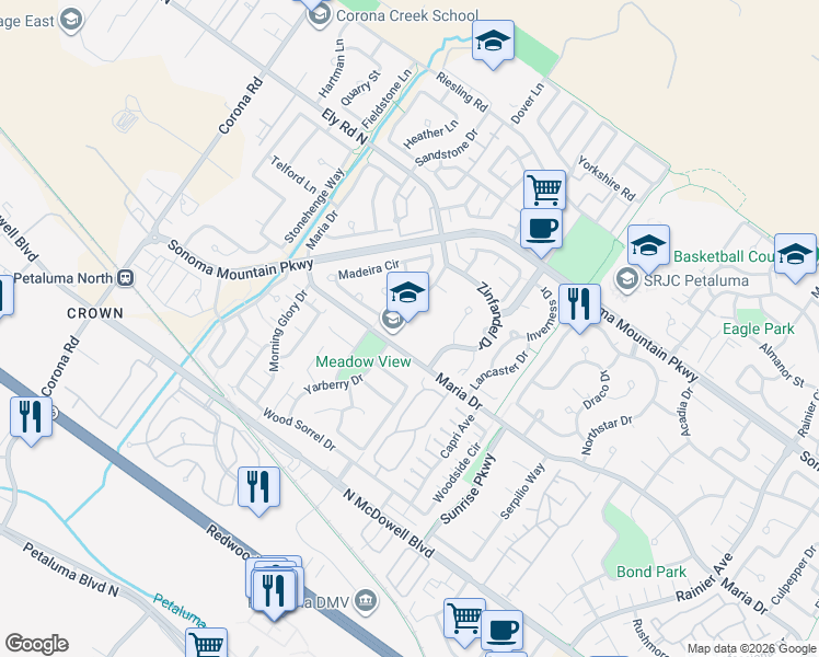 map of restaurants, bars, coffee shops, grocery stores, and more near 880 Maria Drive in Petaluma