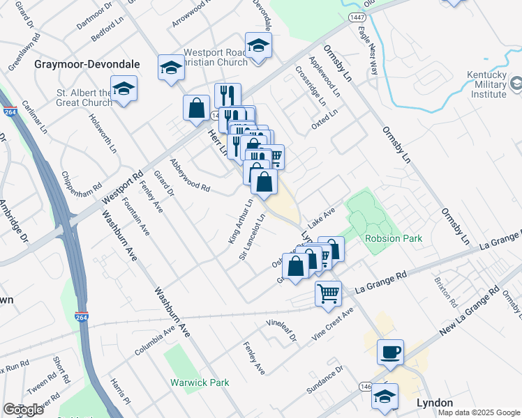 map of restaurants, bars, coffee shops, grocery stores, and more near 1116 Herr Lane in Louisville