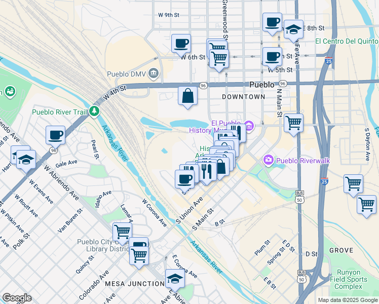 map of restaurants, bars, coffee shops, grocery stores, and more near 301 West D Street in Pueblo