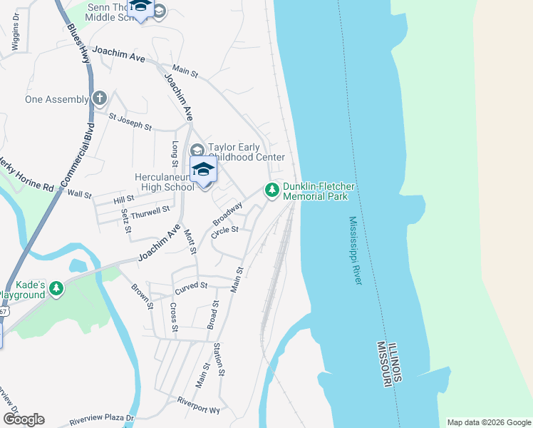 map of restaurants, bars, coffee shops, grocery stores, and more near 650 Main Street in Herculaneum