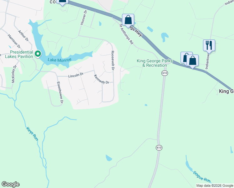 map of restaurants, bars, coffee shops, grocery stores, and more near 10515 Roosevelt Drive in King George