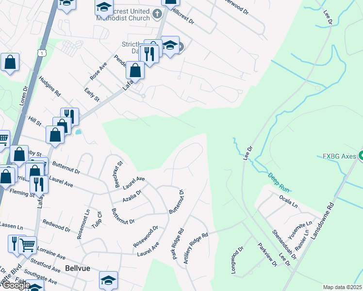 map of restaurants, bars, coffee shops, grocery stores, and more near 11218 Springfield Drive in Fredericksburg